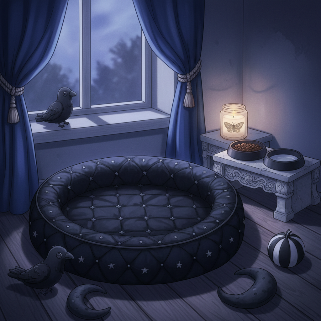 An anime-style cozy goth pet corner featuring a plush round pet bed sewn from quilted black velvet, its edges trimmed with tiny embroidered silver stars. The bed sits atop old dark wooden floorboards, near a low arched window framed with heavy midnight-blue curtains tied back by braided cords. A collection of gothic pet toys—little plush ravens, a crescent-moon chew ring, and a striped pumpkin ball—are scattered artfully around. On a nearby small side table rests a ceramic pet food bowl stand resembling a miniature stone altar, holding elegant matte-black bowls filled neatly with kibble and fresh water. Diffused twilight seeps through the window, casting cool blue tones, while a single warm candle in a glass jar with a moth design adds a soft, flickering accent. Composed at pet-eye level with a gentle blur to the background, the space feels tender, magical, and deeply comforting.