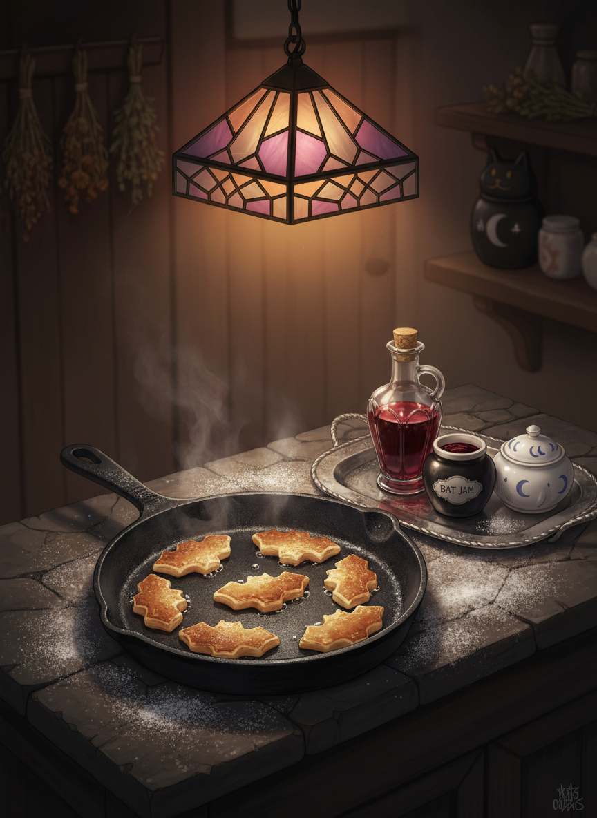 An anime-style gothic kitchen countertop scene featuring a heavy black cast-iron skillet filled with golden, sizzling pancakes shaped like tiny bats, their edges slightly crisped. The skillet rests on a dark stone counter dusted lightly with powdered sugar that resembles mist. Beside it, a vintage silver tray holds a glass bottle of deep red syrup, a small jar of coal-black jam, and a porcelain sugar bowl decorated with tiny crescent moons. Overhead, a wrought-iron pendant lamp with stained glass panels in amethyst and smoky gray casts moody, focused light, leaving the corners in gentle shadow. In the softly blurred background, there are hints of hanging dried herbs and a black cat-shaped cookie jar. Shot from a slightly elevated angle, the composition feels warm, playful, and deliciously eerie, blending cozy comfort with subtle spooky charm.