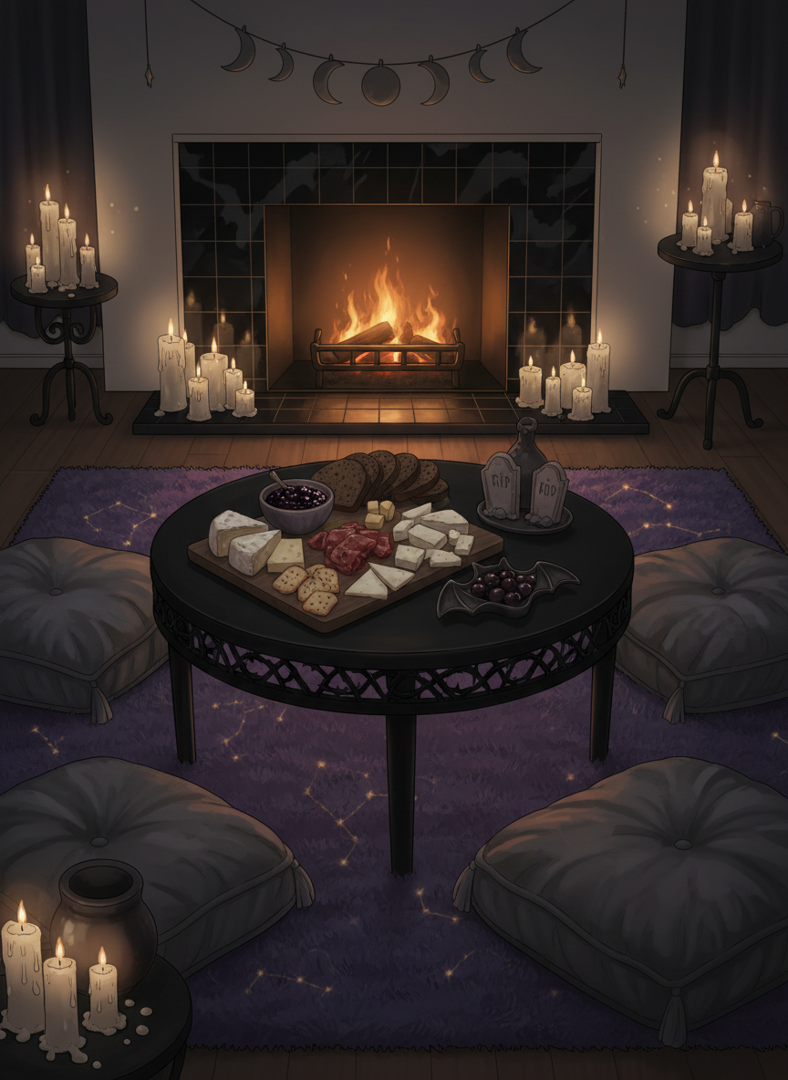 An anime-style cozy goth living room interior centered on a low, round black coffee table carved with subtle thorned-vine patterns. On the table rests a meticulously arranged charcuterie board: dark rye bread, inky blackberry compote, pale cheeses, and tiny tombstone-shaped crackers, with a small ceramic bat dish of olives. The table stands on a thick, midnight-purple rug patterned with faint constellations, surrounded by overstuffed, shadowy-gray floor cushions. In the background, a fireplace framed by black tiles burns with soft orange flames, above which a simple moon-phase garland hangs. Candle clusters in mismatched holders glow at different heights, creating layered, flickering light and velvety shadows. Captured at a three-quarter angle with moderate depth of field, the atmosphere is intimate, whimsical, and inviting, perfect for quiet nights and spooky snacks.