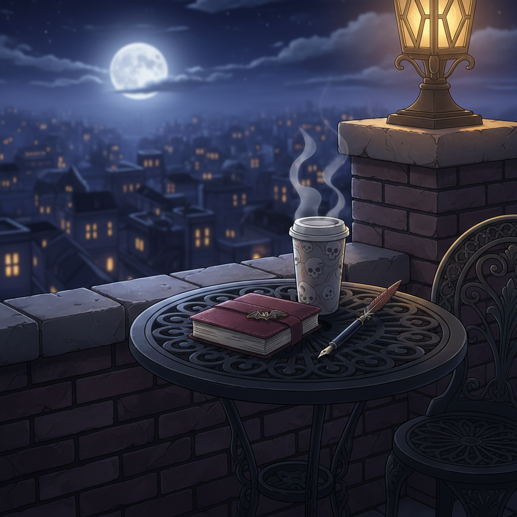 An anime-style nighttime rooftop scene where a small, round, wrought-iron café table painted matte black is set near the parapet of an old brick building. On the table sits a travel journal bound in distressed burgundy leather, a fountain pen with a raven-feather motif, and a tall lidded to-go cup decorated with subtle skull patterns and wisps of steam curling into the cool air. A tiny bat-shaped enamel pin glints on the journal’s strap. The city stretches below in a blur of deep blues and purples, scattered with warm golden windows, while a full moon hangs low and enormous. Soft moonlight outlines the table’s curves with pale silver rim lighting, contrasted by the warm glow of a nearby rooftop lantern. Shot from a slightly low angle, the mood is adventurous, contemplative, and gently haunted.