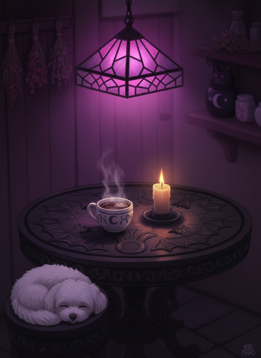 An anime-style cozy goth scene: a warm cup of coffee on a gothic black wooden table with ornate details, candlelight and soft shadows, deep purples and blacks with warm amber highlights, a white Havanese dog partially visible curled up in the corner of the scene, soft and cute, overall warm and comforting mood