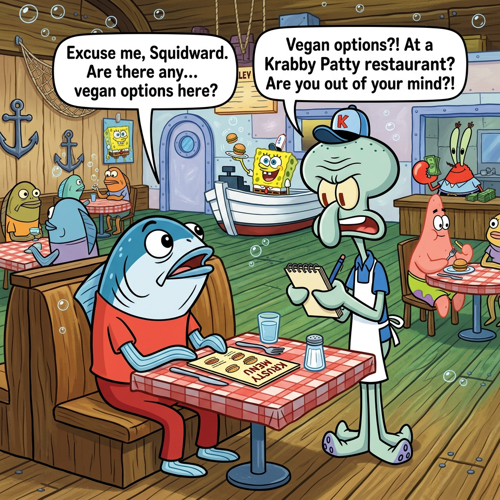 Fish customer asking Squidward about vegan options at Krusty Krab with SpongeBob and Mr. Krabs in the background