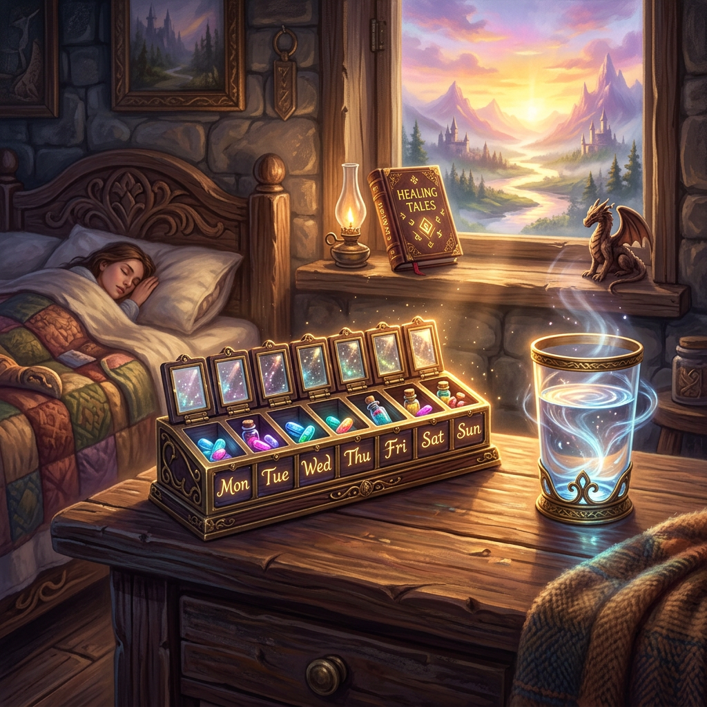 Sleeping girl beside a wooden table with a weekly potion organizer, a glowing cup, and a window showing a sunrise over mountains