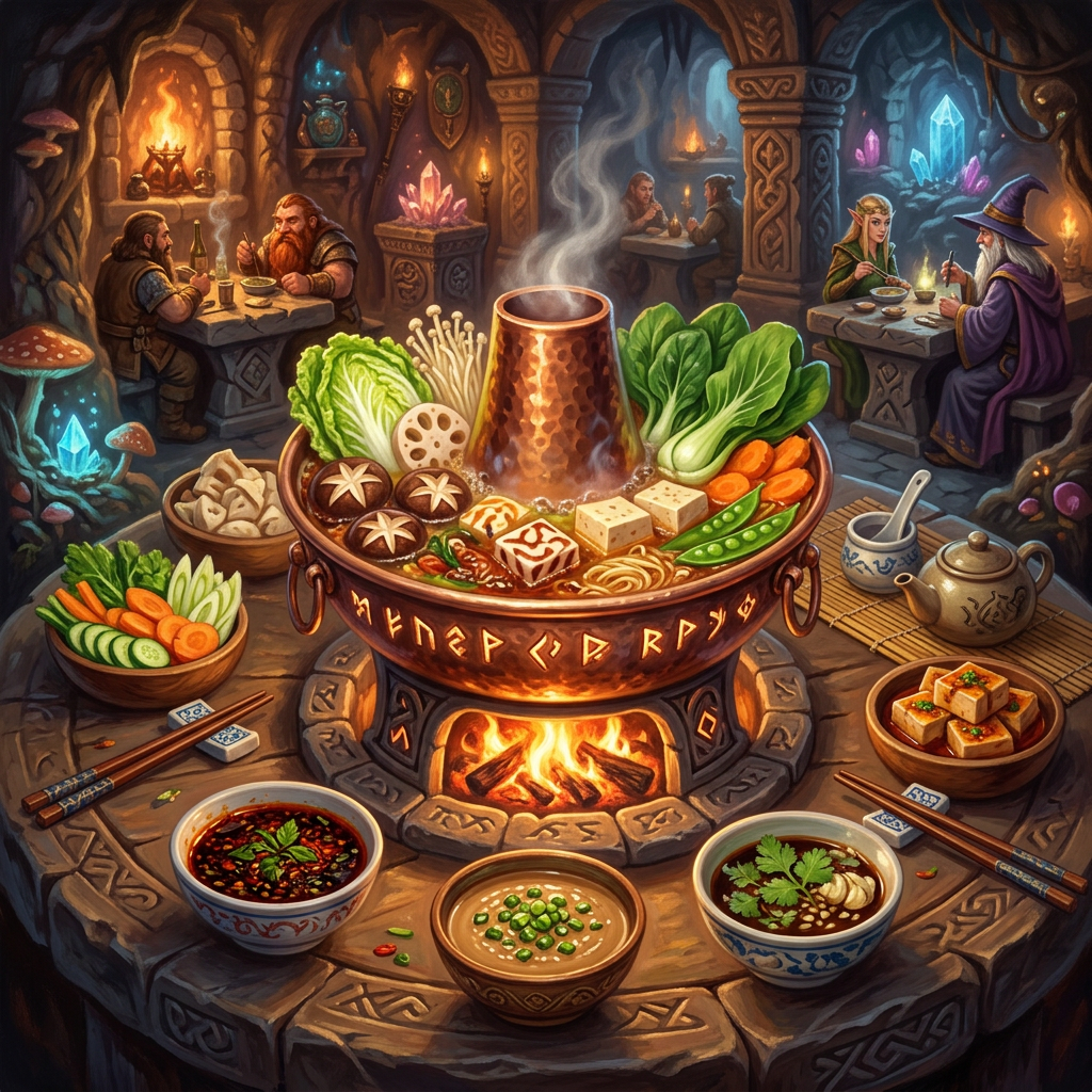 Steaming hot pot with fresh vegetables and tofu in a fantasy tavern with various characters dining.