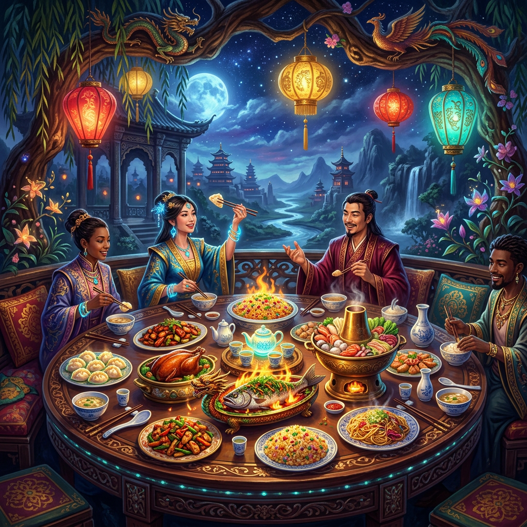 Four people seated at a round table with various Asian dishes and lanterns hanging above under a full moon